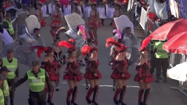 Cochabamba Bolivia 2019 Tancerze Parady Kolorowe Zespoły Marszowe Festiwalu Virgin — Wideo stockowe