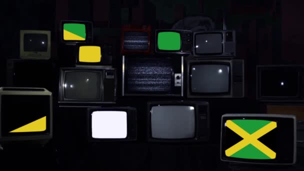 Vlag Van Jamaica Vintage Televisies Donkerblauwe Toon Inzoomen — Stockvideo