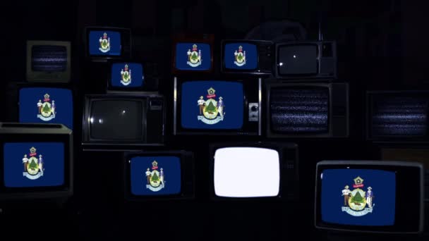 Bandeira Estado Maine Nas Televisões Vintage Tom Azul Escuro Ampliar — Vídeo de Stock