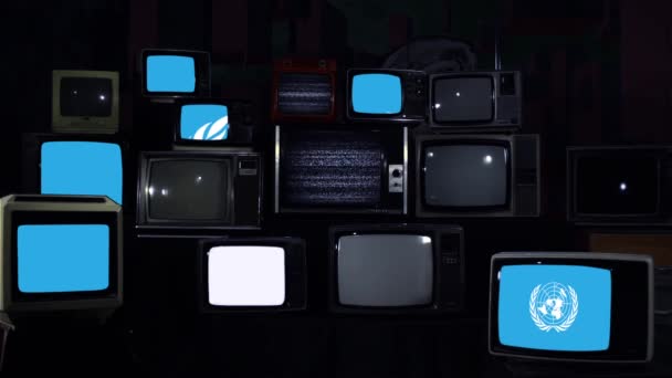 Vlag Van Verenigde Naties Vintage Televisies Donkerblauwe Toon — Stockvideo