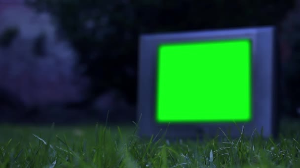 緑の草の中の緑の画面と古い青のテレビ ナイト トーン 緑の画面を必要な映像や画像に置き換えることができます Effectsやその他のビデオ編集ソフトウェアでキーエフェクトを使用することができます Youtubeでチュートリアルを確認してください — ストック動画