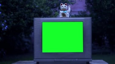 Maneki Neko Cat, Yeşil Ekranlı Eski TV 'nin üstünde. İyi geceler Tone. Yeşil ekranı istediğin görüntüyle ya da resimle değiştirebilirsin. Sonraki Efektler ya da herhangi bir video düzenleme yazılımında Keying efekti ile yapabilirsiniz (YouTube 'daki derslere bakın).  