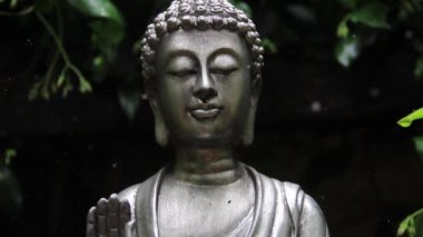 Yeşil Orman Arkaplanlı Bir Bahçede Buda Heykeli. Yakın plan.  
