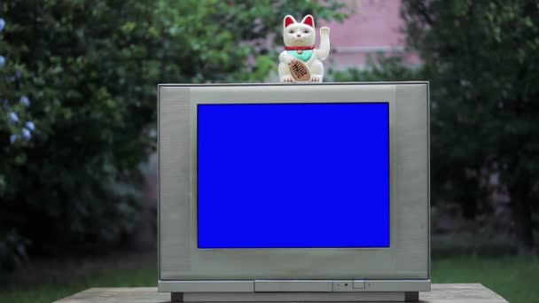 Maneki Neko Τυχερή Γάτα Πάνω Από Μια Παλιά Τηλεόραση Μπλε — Αρχείο Βίντεο