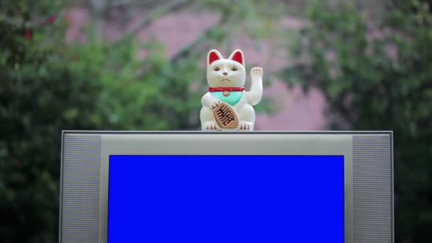 Maneki Neko Lucky Cat Stará Televize Modrou Obrazovkou Modrou Obrazovku — Stock video