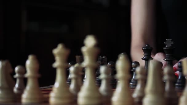 Young Woman Painted Nails Playing Chess Black Close — Stok video