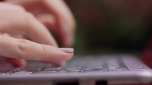 ラップトップコンピュータの屋外で働く女性の手 横角度表示 クローズアップ — ストック動画