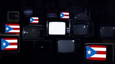 Retro Televizyonlarda Porto Riko Bayrakları. Mavi Koyu Ton. Yakınlaştır. 