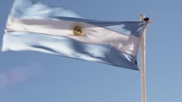 Argentinas Flagga Blåser Vinden Mot Den Blå Himlen — Stockvideo