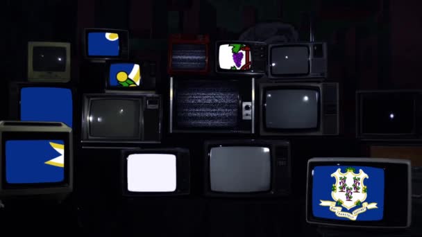 Bandera Del Estado Connecticut Retro Televisores Tono Azul Oscuro Ampliar — Vídeo de stock