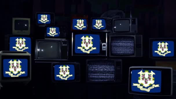 康涅狄格州的标语在复古电视上 蓝色深褐色调 放大放大 — 图库视频影像
