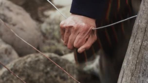 Hand Old Farmer Holding Farm Fence Close — Stock Video