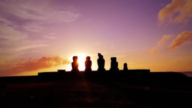 Moais in Easter Island at Sunset, Ahu Tahai.  