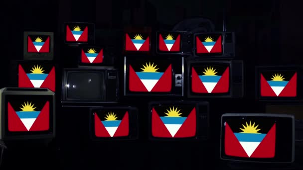 Flagge Von Antigua Und Barbuda Auf Alten Fernsehern Dunkelblauer Ton — Stockvideo