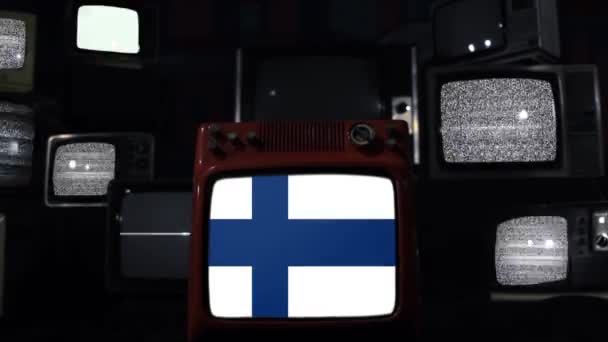 Bandeiras Finlândia Uma Parede Retrô Ampliar — Vídeo de Stock