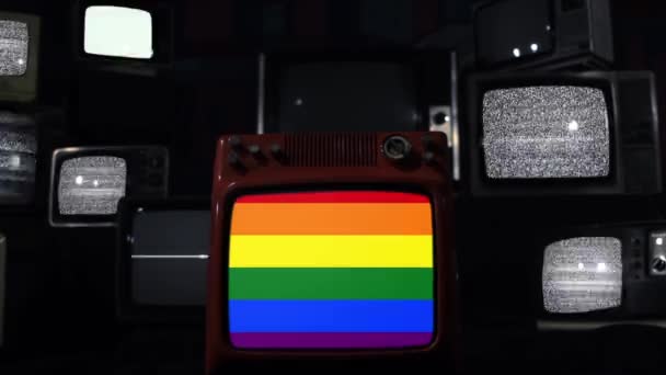 Drapeaux Lgbtq Sur Mur Télévision Rétro Zoom Avant — Video