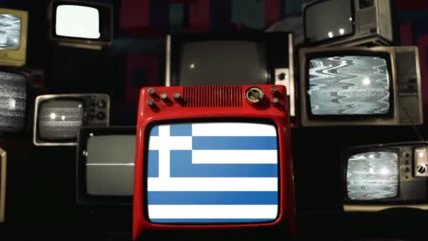 Σημαίες Της Ελλάδας Και Retro Televisions — Αρχείο Βίντεο