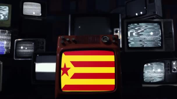 カタロニア赤Esteladaとレトロテレビの旗 — ストック動画