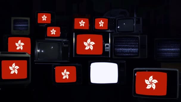 Vlag Van Hong Kong Retro Televisies Donkerblauwe Toon Inzoomen — Stockvideo