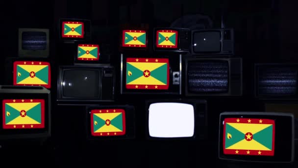 Grenada Och Retro Televisions Flagga Mörkblå Ton Zooma — Stockvideo