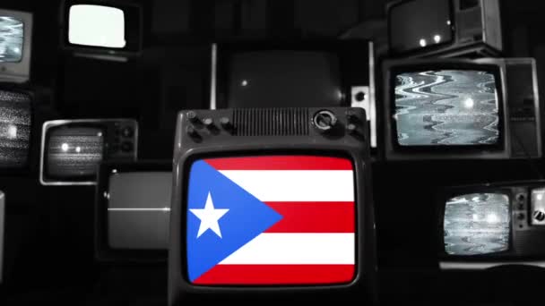 Bandera Puerto Rico Retro Televisores Tono Blanco Negro Ampliar — Vídeo de stock