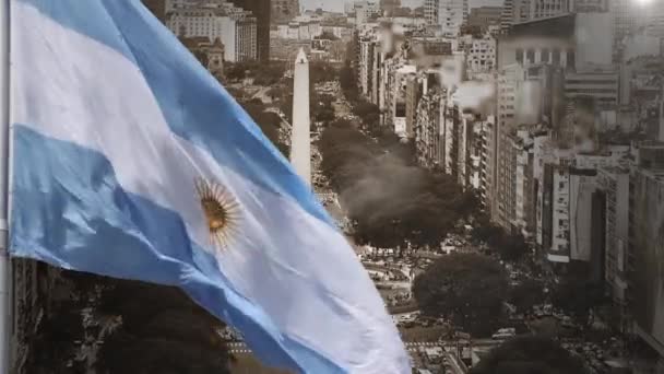 Julio Avenida Buenos Aires Bandera Argentina Tono Sepia — Vídeos de Stock