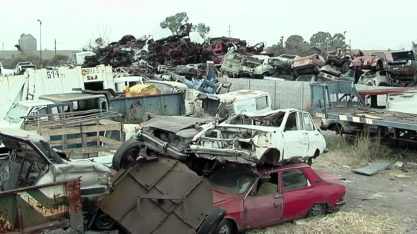 Old Wrecked Vehicles Stacked Junkyard Outskirts Buenos Aires Argentina — Stock Video