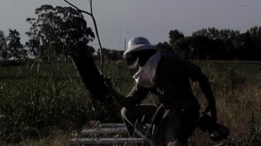 Apiary 'de Kovan Çerçevesini inceleyen bir arı yetiştiricisi, Arı Kovanı Çerçevesi ve Arı İçicisi' ni tutan bir adam, Kovan içen bir arı yetiştiricisi.. 