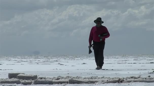 Lonely Salt Miner Caminando Salinas Grandes Salt Flat Provincia Salta — Vídeos de Stock