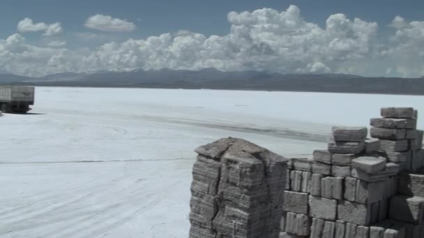 Bloques Sal Apilados Extraídos Salinas Grandes Salt Flats Argentina — Vídeos de Stock