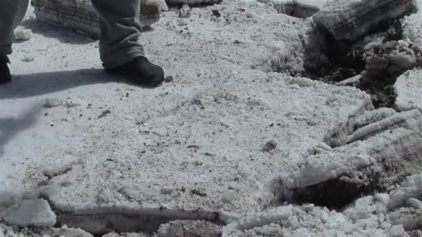 Trabalhadores Sal Extraindo Blocos Sal Salinas Grandes Salt Flats Argentina — Vídeo de Stock