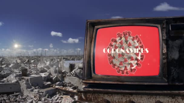 Розбиті Будинки Знищеному Місті Старому Телевізорі Coronavirus Екрані — стокове відео