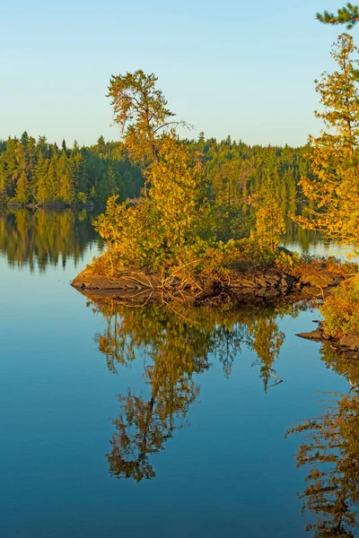 Réflexions Matinales Sur Une Île Minuscule Sur Lac Jenny Dans — Photo