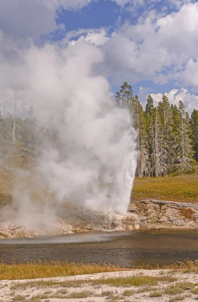 Erupción de géiser en una orilla del río — Foto de Stock