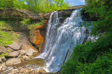 Ohio 'daki Cuyahoga Vadisi Ulusal Parkı' nda Brandywine Şelalesi 'ndeki bir orman nehrinde hoş bir şelale.
