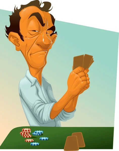 Γελοιογραφία παίκτης στην κάρτα στο τραπέζι — Διανυσματικό Αρχείο
