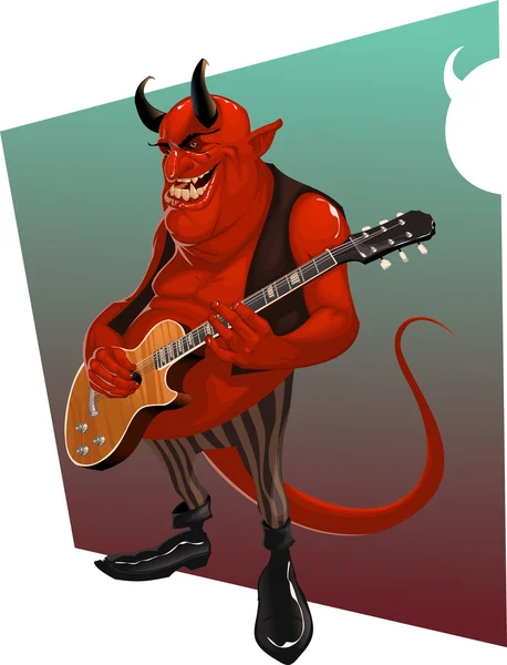 Cartoon grinande behornade demon med en gitarr — Stock vektor