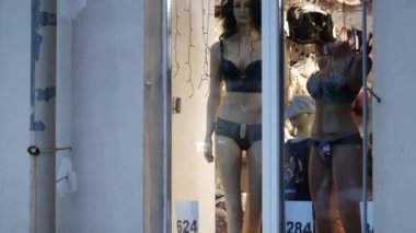 Kadın iç çamaşırı satan bir mağaza. Camın arkasındaki manken. Kadın figürü