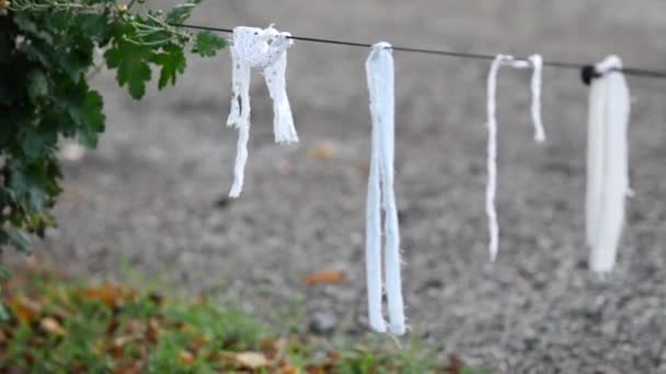 Beyaz ipler ön bahçenin yakınındaki bir telden sarkıyor. Beyaz paçavralar ya da bant parçaları — Stok video