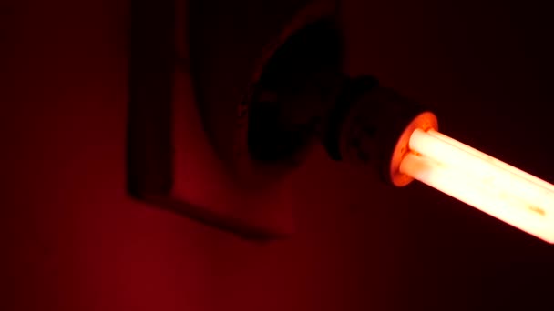 Fluorescerende elektrische lamp gloeit zwak met roze licht in donkere kamer — Stockvideo