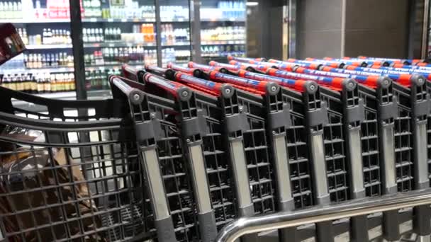 Carts waiting for shoppers in grocery supermarket. Shopping during  Covid-19 — Stock Video