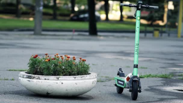 Kiwi scooter prêt à la location par minute se dresse sur la rue. Kiwiride part sans quai — Video