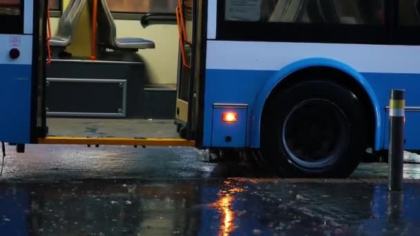 Orkaan neerslag op een straat in de stad. Zware regenval met wind en veel water — Stockvideo