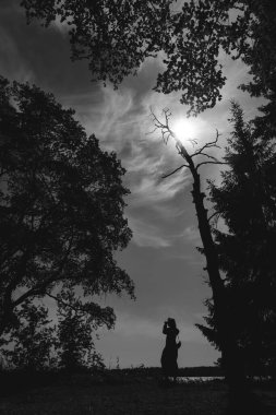 Gölün kenarındaki ağaçların arasında bir kızın silueti.
