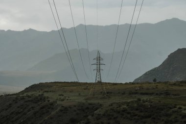 Altai Cumhuriyeti 'nin dağlarındaki elektrik hattı..