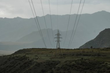 Altai Cumhuriyeti 'nin dağlarındaki elektrik hattı..