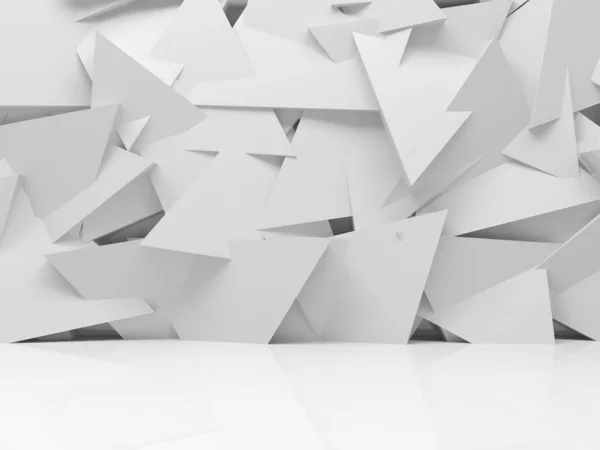 Abstract white interior with triangles installation on wall, 3d render illustratio — Stock Image Abstract White Interior Triangles Installation Wall Render Illustratio Stock Photo