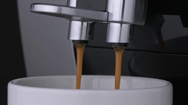 Close-up van hete, verkwikkende koffie met geroosterde Arabica bonen stroomt onder druk in de witte Beker. Bereiding ochtend zwarte aromatische koffiebonen van professionele koffiezetapparaat. — Stockvideo