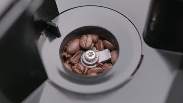 I chicchi di caffè Arabica tostati vengono macinati con i coltelli di ferro di un macinino da caffè elettronico in primo piano per fare caffè caldo e aromatico. Caffè aromatico caldo nella stagione fredda. — Video Stock