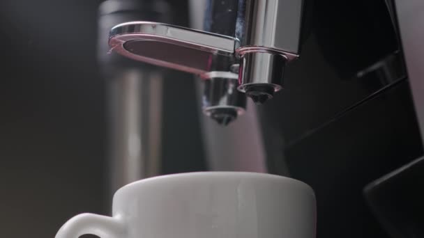 Närbild barista förbereder gott kaffe för en uppfriskande morgon. Varmt kaffe flödar in i vit kopp från kaffebryggare under högt vattentryck. Framställning av varmt aromatiskt espressokaffe — Stockvideo